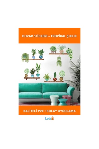 Yeşil Yapraklı Tropikal Bitkiler Duvar Stickerı 90x35 Cm 10 Adet Çok Renkli
