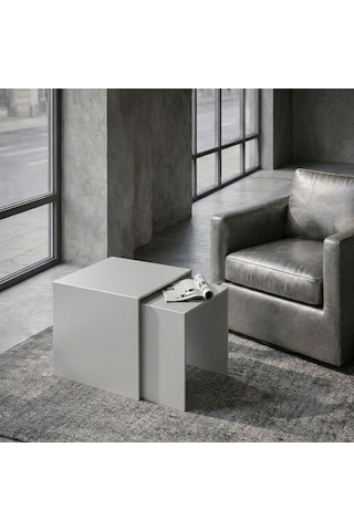 Modern Metal Zigon Sehpa Seti Minimal Tasarım İç İçe Geçen Yan Sehpa 2 Li Set Gri