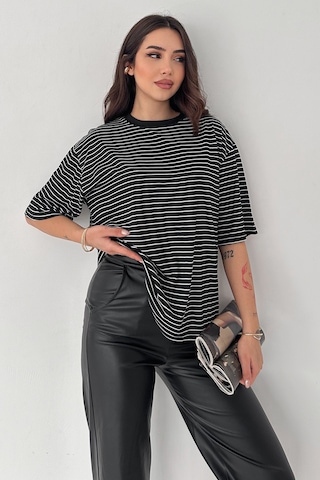 Noa & Noa Kadın Oversize Çizgili Tişört Monochrome Ease Siyah