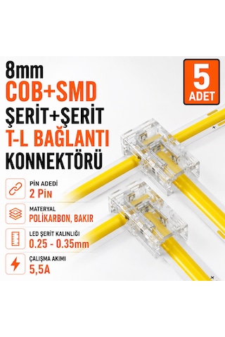 8mm Cob+smd Şerit+şerit T-l Bağlantı Konnektörü 5 Adet