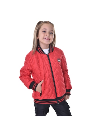 Kız Çocuk Kırmızı Kolej Yaka İçi Astarlı Su Ve Rüzgar Geçirmez Fermuarlı Cep Mont Ceket Kırmızı