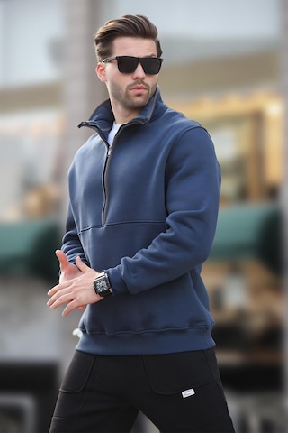 Madmext Lacivert Dik Yaka Yarım Fermuarlı Sweatshirt 7079 Lacivert