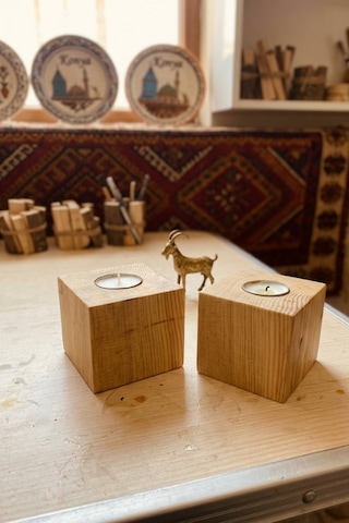 Doğal Masif Ahşap Küp Mumluk - 2'li Set Hediyelik Tealight Mum Tutucu Dekoratif Obje