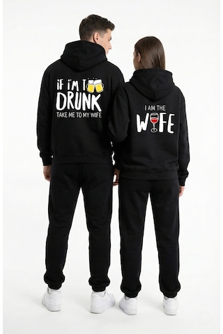 Nevermind Unisex Siyah Mizahi Yazı Baskılı Sevgili Kombini Oversize Hoodie Seti Siyah