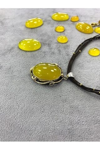 Sarı Akik Taşlı Gümüş Kolye 925 Ayar 512654324