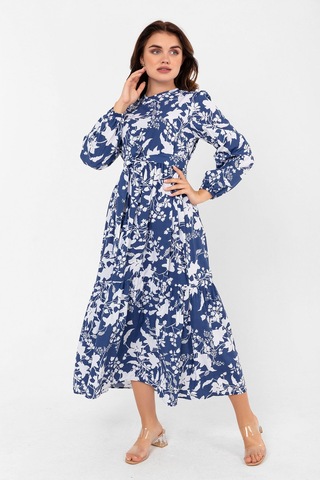 Yaprak Desenli Renkli Pamuklu Yazlık Baharlık Kuşaklı Elbise 2101 Lacivert