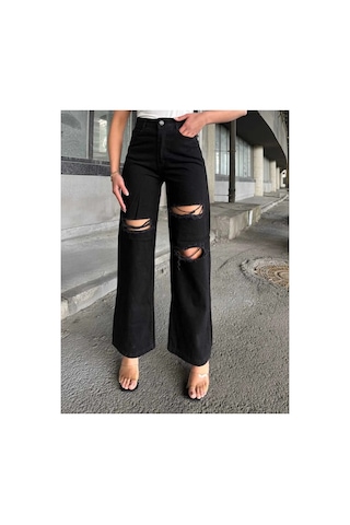 Kene Jeans Çift Diz Lazer Yırtık Siyah Bol Paça Jeans Siyah