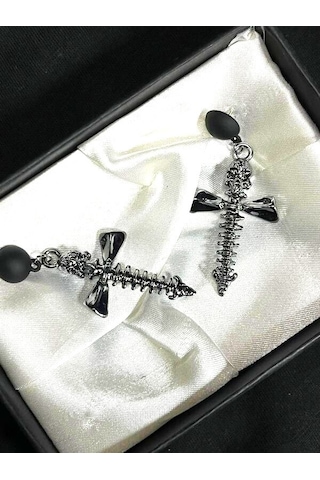 Dükkan Design Skull Cross Gotik Küpe Antrasit