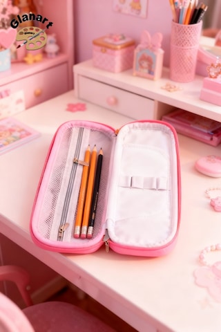 Labubu Kabartmalı İçi Fileli Kalem Kutusu Kalemlik 1 Adet Atlı Desen Pembe