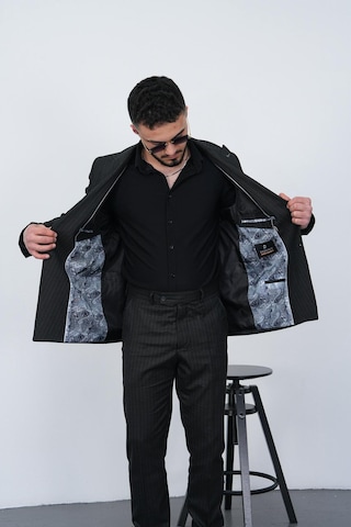 Dupont Classics Dupont Slim Fit Sivri Yaka 6 Drop Çift Yırtmaç Çizgili Viskon Kruvaze Erkek Takım Elbise Siyah