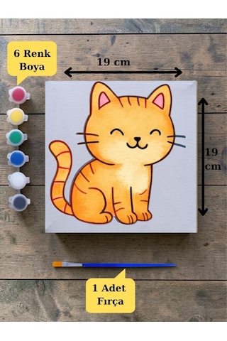 Sevimli Kedi Baskılı Tuval Boyama Aktivite Seti 19x19 Cm Tuval, Fırça Ve 6 Renk Akrilik Boya Seti