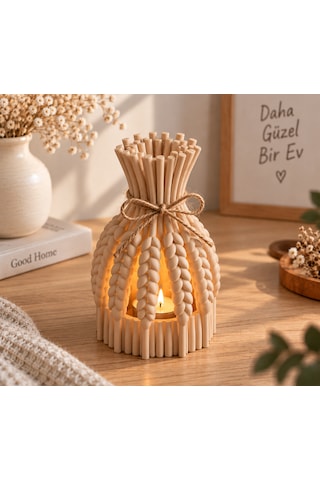 Başak Dekoratif Desenli Tealight Mumluk Feneri Bej