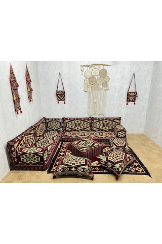 Coton Şark Köşesi Yörük Desenli Minder Takımı Bordo 18 Parça