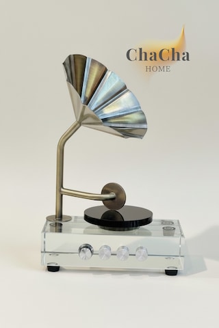 Kristal Cam Nostaljik Gramofon Obje 29x20 Cm - Metal Borulu Lüks Ofis Masası Aksesuarı Biblo 29 X 20 Cm