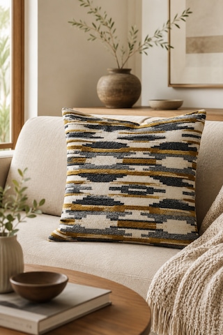 Fuly Consept Geometrik Desenli Dokulu Kırlent Kılıfı 43x43 Cm Hardal Gri Sarı