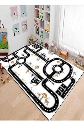 Siyah Yol Şeritli Çocuk Odası Oyun Halısı Beyaz