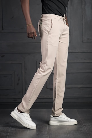 Perpant Beli Lastikli Ve İplikli Likralı Slimfit Yazlık Kumaş Jogger Pantolon Krem