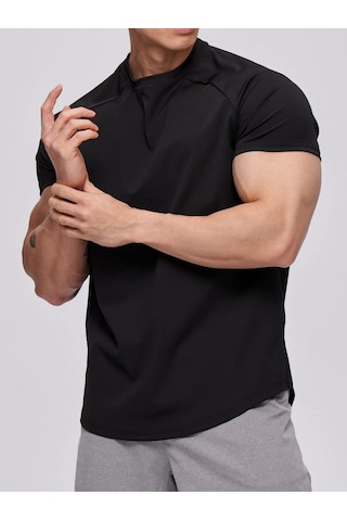 Genius Store Erkek Spor Tişört Running Sports Gym Reglan Oval Kesim Penye T-shirt Ovalt-shirt Siyah