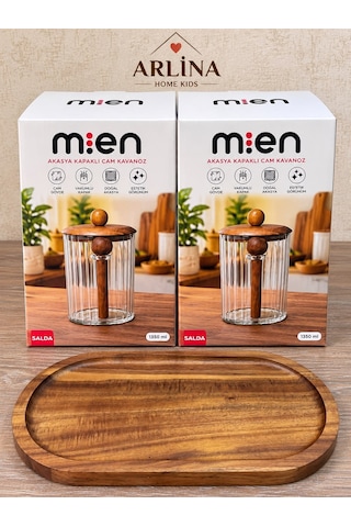 İkili 1350 Ml Akasya Kapaklı Kaşıklı Akasya Standlı Cam Kavanoz Seti Kahverengi