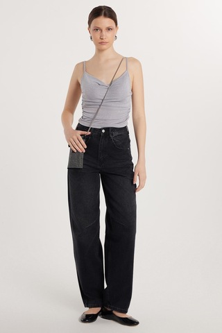 Tudors Kadın Regular Fit Tokalı Geniş Paça Baggy Jean Kot Füme Pantolon-33916 Füme