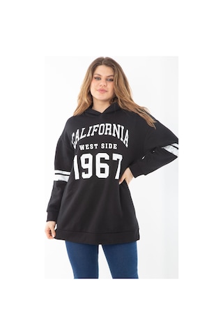 Kadın Büyük Beden Haki İçi Şardonlu Üç İplik Kapşonlu Sweatshirt 65n37290-siyah Siyah