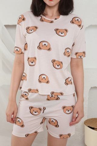 Fames Pijama Yazlık Desenli Loose Crop Şortlu Pijama Takım Krem