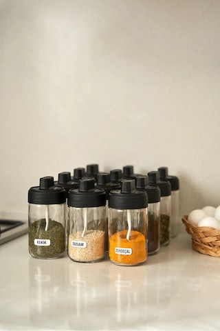 12 Parça Bianco 12'li Kendinden Kaşıklı Kilitli Kapaklı Baharat Takımı Cam ŞEffaf