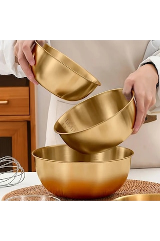 Morponi 3'lü Gold Paslanmaz Çelik Karıştırma Ve Salata Kasesi Çırpma 700-1200-1600 Ml Gold