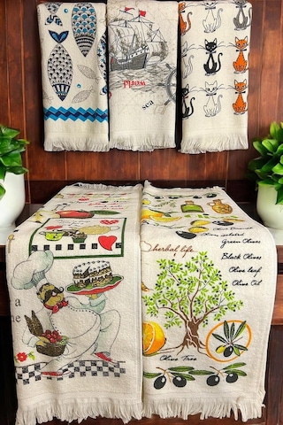 5'li Saçaklı Pamuklu Baskılı Havlu Seti 40x60 Cm El Yüz Mutfak Havlusu Yumuşak Desenli Su Emici Set Set 5 Çok Renkli