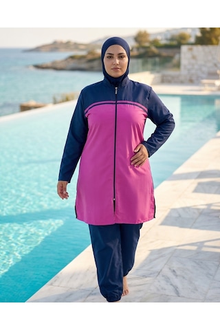 Pierre Cardin Büyük Beden Sıfır Yaka Paraşüt Kumaş Boydan Fermuarlı Beli Ayarlanabilir Bağcıklı Paçası Lastikli Çift Boneli Kadın Tesettür Mayo Lacivert