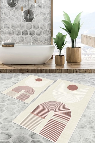 Dijital Baskı Modern Kaymaz Taban 2li Set Banyo Paspası Klozet Takımı 50x60cm-60x100cm Pembe