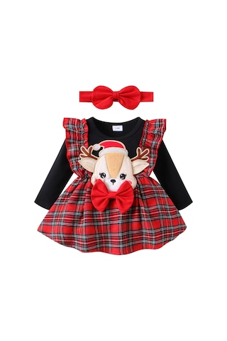 Noel Yenidoğan Bebek Bebek Kız Giysileri Setleri Örgü Romper Ekose Geyik Etekler Kafa Bandı Noel Kostümleri Kıyafetler Kırmızı