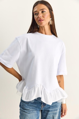 Shade Kadın Tül Detaylı Volanlı Oversize Basic T-shirt 8789 60286165 - Beyaz