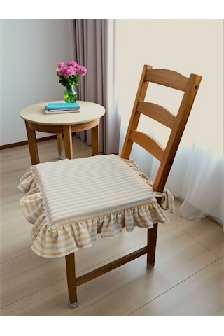 Sarı Çizgili Buldan Yıkanmıs Keten 4 Tarafı Fırfırlı Sandalye Minderi Renkli
