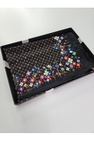 Miorel Scarfs Lv Desen Çiçekli İthal Vual İpek Şal Aksesuar Fular Silk Scarfs Shawl Hijab Kahverengi