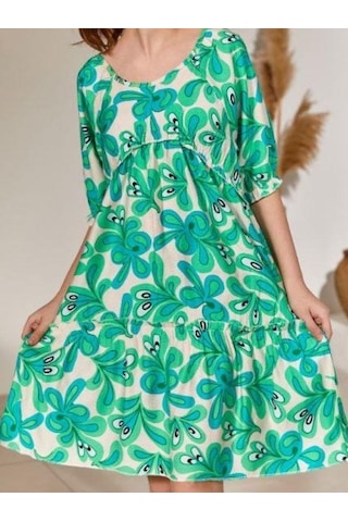 Kız Çocuk Belden Lastikli Desenli Şık Yazlık Elbise-12078-renkli Çok Renkli