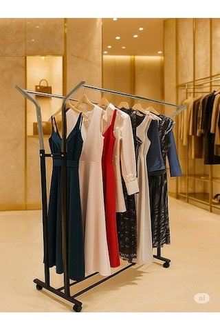 V Ayarlı 125 Cm Metal Konfeksiyon Elbise A. Askılık Tekerlekli Demontepoartmanto Vitrin Raf Siyah