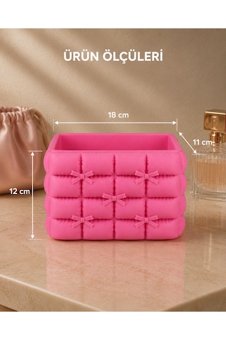 Fiyonk Detaylı Puffy Masaüstü Organizer 3d Baskı Makyaj Ve Kalemlik Düzenleyici Pembe - Pembe