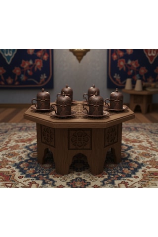 Semazen 6 Kişilik Porselenli Kapaklı Bakır Renkli 24 Parça Fincan Seti Bakır