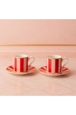 YzHome 2 Kişilik Porselen Yaldızlı Lovely Birds Özel Tasarım Pembe Kuşlu Kahve Fincan Takımı Seti 100ml