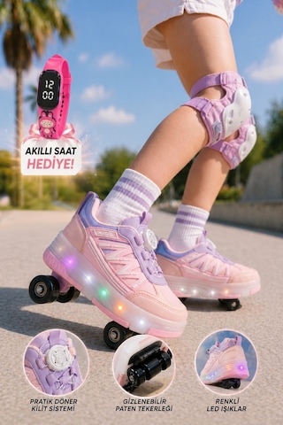 Muggo Skate Çocuk Işıklı Patenli Tekerlekli Sneaker Spor Ayakkabı Pudra