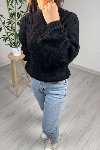 Explode - Kadın Siyah Yarım Boğazlı Örgülü Oversize Triko Kazak Siyah