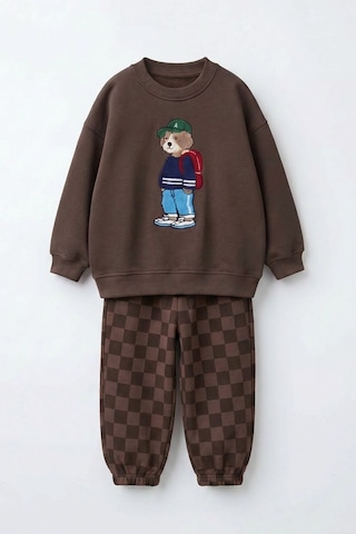 Monila Erkek Çocuk Kahverengi Ayıcık Baskılı Pamuklu 3 İplik Kumaş Sweatshirt Ve Damalı Eşofman Altüst Takım