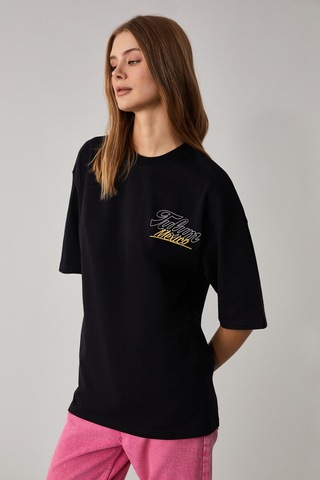 Grımelange CAITLYN Kadın Oversize Bisiklet Yaka Siyah T-Shirt
