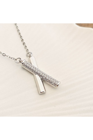 X Kolye Kadın Kolye Full Zirkon Taşlı Kolye 45cm Silver