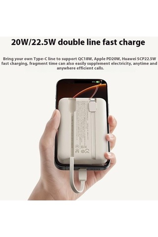 Tongxida Rock P95 10000mah Bej Güç Bankası, Dahili Çift Kablo, Pd 22.5w Hızlı Şarj, Taşınabilir Telefon Şarj Cihazı Bej