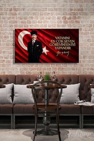 Türk Bayrağı Motifi Gazi Mustafa Kemal Atatürk Portresi Ve Bir Özlü Sözü Yatay Kanvas Tablo 4170 Çok Renkli