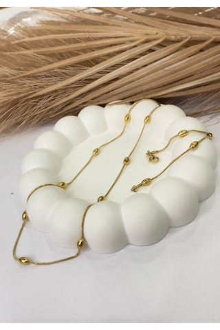 Altın / Gold Renk Oval Toplu 316l Çelik Kolye Gold