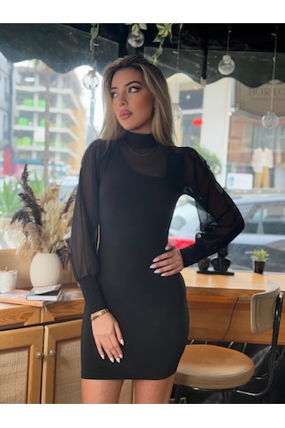Efnaz Style Kadın Balıkçı Yaka Transparan Detay Fırsat Ürün Sandy Kumaş Mini Elbise Siyah