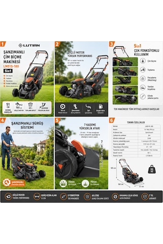 Lutian LM51S-180 51 CM 5in1 Şanzımanlı Benzinli Çim Biçme Makinesi